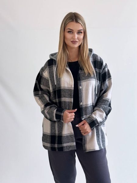 Сорочка в клітинку тепла жіноча з капюшоном oversize чорна 46-48