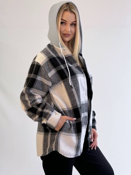 Сорочка в клітинку тепла жіноча з капюшоном oversize чорна 46-48