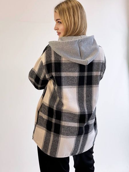 Сорочка в клітинку тепла жіноча з капюшоном oversize чорна 46-48