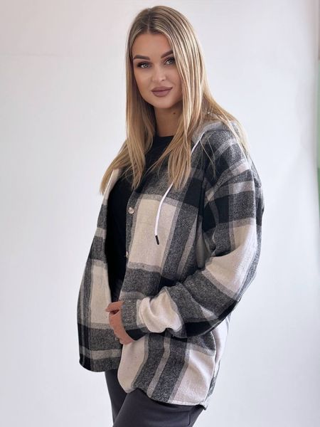 Сорочка в клітинку тепла жіноча з капюшоном oversize чорна 46-48