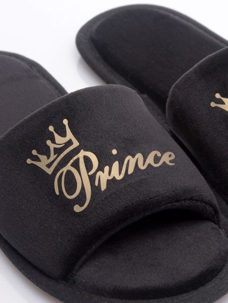 Дитячі домашні капці Family story Флекс відкриті чорні з написом Prince золотого кольору 30-31