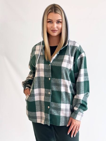 Рубашка в клетку теплая женская с капюшоном oversize изумрудная 62-64